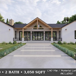 May include: A modern farmhouse-style home with a white exterior, black roof, and wooden accents. The house features large windows, a concrete walkway, and manicured landscaping. The text at the bottom reads: 3 BED • 2 BATH • 3,050 SQFT.