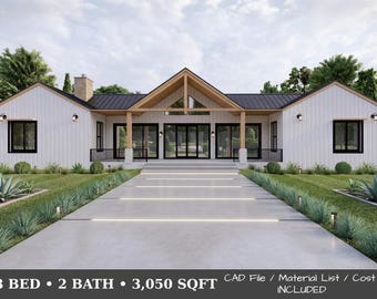 Modern Farmhouse House Plan | 3,050 sq ft | Single Story + Loft | 3 Bed 3 Bath | Cost Report | Full Construction Set | CAD + Material List