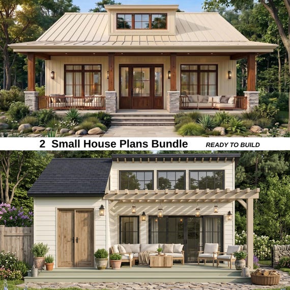 Cottage House Plans Bundle, 1500 Sq Ft 3 Bed Home Plan + Tiny House Blueprint, 1 Bedroom ADU Guest Cabin PDF