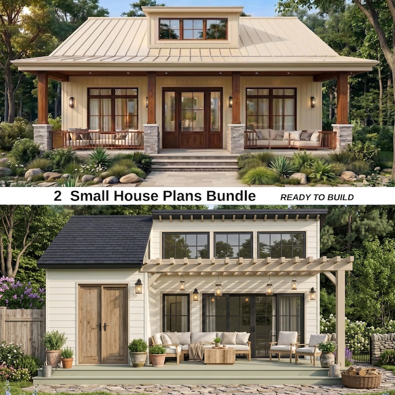Peut inclure: Un rendu architectural num&eacute;rique pr&eacute;sentant deux mod&egrave;les de petites maisons. L'image du haut montre une maison cr&egrave;me avec un toit en m&eacute;tal et un porche. L'image du bas affiche une maison &agrave; deux &eacute;tages avec une pergola et du mobilier de terrasse.