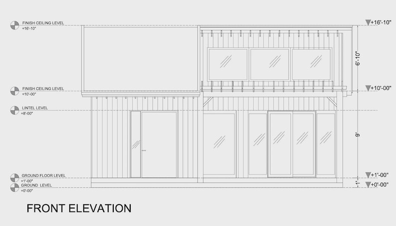 Peut inclure: Un dessin architectural en noir et blanc de l'&eacute;l&eacute;vation frontale d'un b&acirc;timent &agrave; deux &eacute;tages. Le sch&eacute;ma comprend un bardage vertical, de grandes fen&ecirc;tres, une porte et des annotations techniques avec des mesures en pieds et pouces, intitul&eacute; FRONT ELEVATION.
