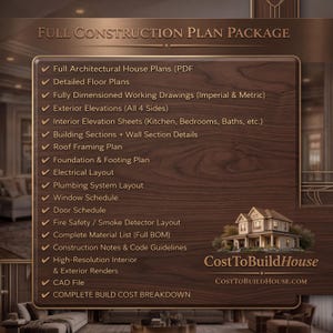 Peut inclure: Un panneau &agrave; texture bois marron intitul&eacute; Full Construction Plan Package. Il liste des &eacute;l&eacute;ments comme les plans architecturaux, plans d'&eacute;tage, dessins techniques, &eacute;l&eacute;vations, sections, charpente, fondations, &eacute;lectricit&eacute;, plomberie et co&ucirc;ts.