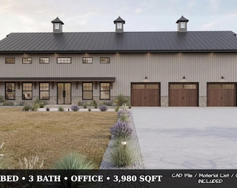 Modern Farmhouse House Plan 3 Bedroom | 3 Bath Home Design | 3,980 Sqft | Office + Large Garage | Barn Style Floor Plan PDF + CAD + Cost