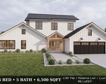 Modern Farmhouse House Plan | 6 Bed 5 Bath | 3 Story | Gym + Loft + Office | Full Construction Set | CAD + Material List + Cost Report