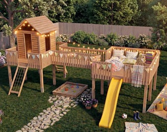 Luxury Wooden Playhouse Plans DIY | Kids Outdoor Playground with Bridge & Slide | Backyard Playset Blueprint PDF | Step-by-Step Build Guide