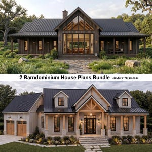 Puede incluir: Un documento digital titulado 2 Barndominium House Plans Bundle READY TO BUILD que presenta dos representaciones arquitectónicas de casas con techos de metal oscuro, detalles en madera, grandes ventanales y cimientos de piedra.