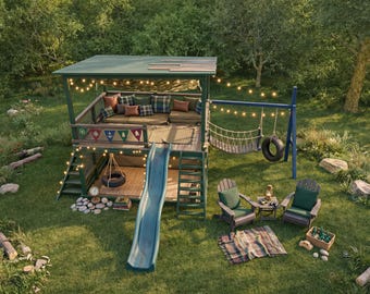 DIY Adventure Playhouse Plans with Slide & Swing | Backyard Kids Playground | Step-by-Step PDF Guide, Material List | Wooden Outdoor Playset