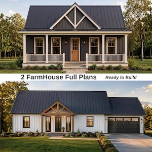 May include: Two architectural house designs featuring dark metal roofs and white siding. The top image shows a porch with white railings, while the bottom image displays a garage and a wooden entryway. Text reads: 2 FarmHouse Full Plans Ready to Build.