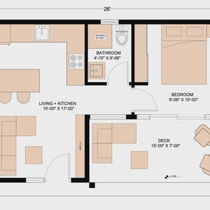 Peut inclure: Un plan d'&eacute;tage architectural en 2D mesurant 26 pieds sur 18 pieds, comprenant un salon et une cuisine, une salle de bain avec douche et toilettes, une chambre avec un lit et une terrasse avec deux chaises. Le plan indique les dimensions.