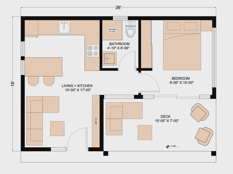 Peut inclure: Un plan d'&eacute;tage architectural en 2D mesurant 26 pieds sur 18 pieds, comprenant un salon et une cuisine, une salle de bain avec douche et toilettes, une chambre avec un lit et une terrasse avec deux chaises. Le plan indique les dimensions.