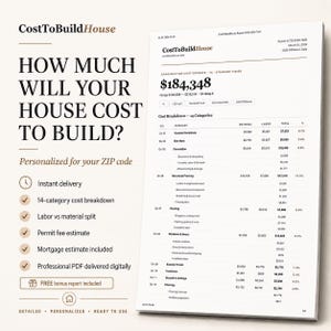 Peut inclure: Un document num&eacute;rique intitul&eacute; CostToBuildHouse affichant une estimation des co&ucirc;ts de construction de 184 348 $. La page comprend une ventilation des co&ucirc;ts en 14 cat&eacute;gories, la r&eacute;partition main-d'&oelig;uvre et mat&eacute;riaux, et des informations hypoth&eacute;caires.