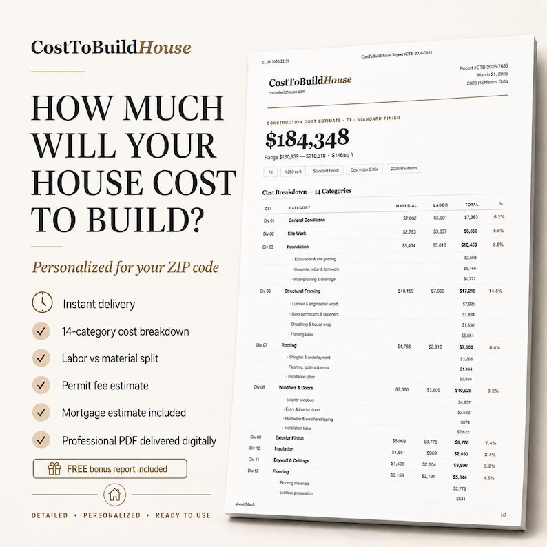 Peut inclure: Un document num&eacute;rique intitul&eacute; CostToBuildHouse affichant une estimation des co&ucirc;ts de construction de 184 348 $. La page comprend une ventilation des co&ucirc;ts en 14 cat&eacute;gories, la r&eacute;partition main-d'&oelig;uvre et mat&eacute;riaux, et des informations hypoth&eacute;caires.