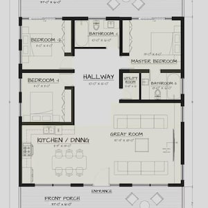 Peut inclure: Un plan d'&eacute;tage architectural en noir et blanc pour une maison comprenant un porche avant, un porche arri&egrave;re, une cuisine, une salle &agrave; manger, une grande salle, un couloir, une buanderie, deux salles de bain et trois chambres avec dimensions.