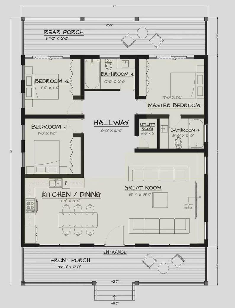Peut inclure: Un plan d'&eacute;tage architectural en noir et blanc pour une maison comprenant un porche avant, un porche arri&egrave;re, une cuisine, une salle &agrave; manger, une grande salle, un couloir, une buanderie, deux salles de bain et trois chambres avec dimensions.