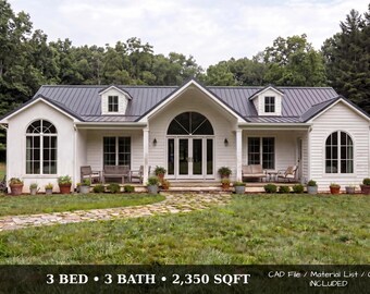 Modern Farmhouse House Plan – 3 Bed 3 Bath – 2350 Sq Ft – Single Story – Open Concept – CAD + PDF – Cost Breakdown – Instant Download