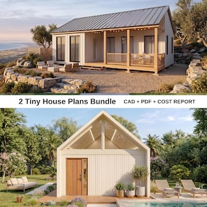 Op de afbeelding: Een digitaal pakket met 2 tiny house-ontwerpen inclusief CAD-, PDF-bestanden en een kostenrapport. De afbeelding toont twee architecturale ontwerpen: een gelijkvloerse woning met een metalen dak en veranda, en een huis met een zadeldak.