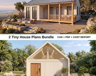 Tiny House Plans Bundle, Small House Plans, Modern Farmhouse Cabin Floor Plans, ADU Guest House Design, Tiny Home PDF CAD Cost Report