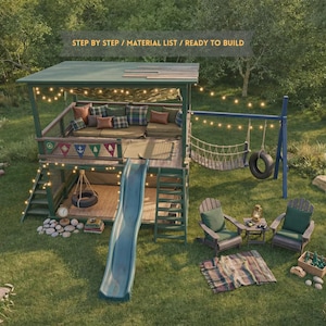 Backyard Playhouse Plans with Slide & Swing, DIY Wooden Kids Playground, Outdoor Playset PDF Guide with Material List