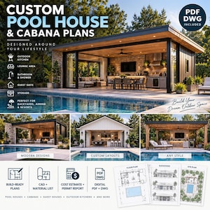 May include: Custom pool house and cabana plans featuring architectural designs for outdoor kitchens, lounge areas, bathrooms, and guest suites. Includes PDF and DWG files, build-ready plans, material lists, cost estimates, and permit reports.