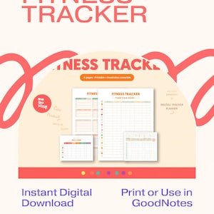 Peut inclure: Un planificateur de suivi de fitness numérique comprenant plusieurs pages avec des mises en page en grille pour suivre les objectifs de santé. Le texte inclut "Get Fit with Our Planner," "FITNESS TRACKER," et "6 pages - Printable - Goodnotes compatible."