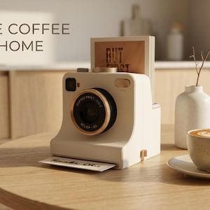 May include: A cream-coloured coffee art printer shaped like a vintage camera with a gold-rimmed lens, featuring the text "CREATE COFFEE ART AT HOME" above it. A small white card with text sits at the base, next to a ceramic cup of latte art.