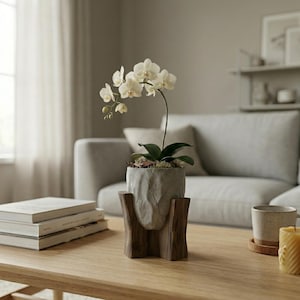Scandinavian Japandi Planter Pot | Modern Stone Wood Style Minimalist Indoor Planter