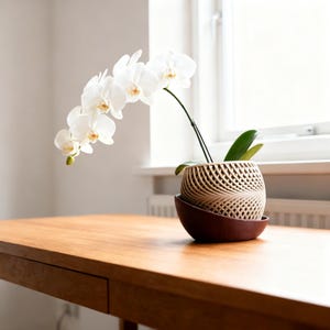 Puede incluir: Una orquídea blanca en una maceta decorativa beige y marrón. La maceta tiene un diseño tejido y se asienta sobre un platillo a juego. La planta está sobre una mesa de madera cerca de una ventana.