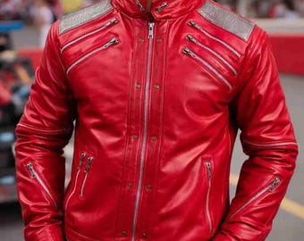 Rood MJ Beat it-jack voor kinderen: rood leren jack voor kinderen van 2 tot 12 jaar