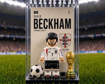Beckham England #7 World Cup MOC Minifigure Display Case with Premium Background, Football Collectible Gift, Soccer Fan Decor