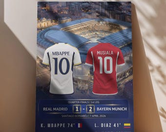 Real Madrid vs Bayern Munich UCL Poster | Mbappe vs Musiala | Bernabeu Stadium Gift | Champions 2026 Football Print Digital | Vinicius