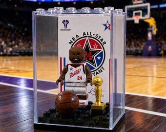 Kobe Bryant NBA All-Star #24 MOC Minifigure Display Case with Premium Background, Basketball Legend Collectible, NBA Fan Gift,
