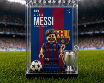 Messi Barcelona World cup MOC Minifigure Display Case with Premium Background Football Collectible Gift for Soccer Fans and Sports Decor
