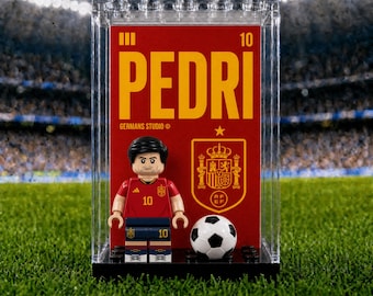 MOC Pedri Spain #10 World Cup Minifigure Display Case with Premium Background Football Legend Collectible Soccer Fan Gift, Sports Room Decor