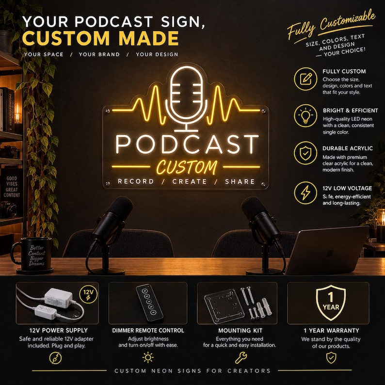 Custom Studio Sign Custom Podcast Neon Sign Personalized Podcast Name LED Light Recording ...