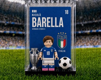 Nicolò Barella Italy #18 World Cup Minifigure MOC Display Case with Premium Background, Football Legend Collectible, Soccer Fan Gift, Sports