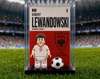 Robert Lewandowski Poland #9 World Cup Minifigure Display Case with Premium Background, Football Legend Collectible, Soccer Fan Gift