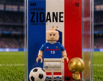 Zinedine Zidane France #10 World Cup MOC Minifigure Display Case with Premium Background, Football Legend Collectible, Soccer Fan Gift,