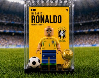 Ronaldo Nazário Brazil #9 World Cup Minifigure MOC Display Case with Premium Background, Football Legend Collectible, Soccer Fan Gift, Sport