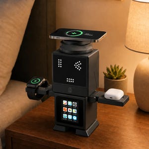May include: A black robot-shaped multi-device charging station with a top wireless charging pad for a smartphone, a side arm for a smartwatch, and a side tray for wireless earbuds. The robot features a digital face display and a lower screen.