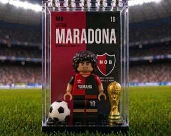 Maradona Newell’s World cup #10 MOC Minifigure Display Case with Premium Background, Football Collectible Gift for Soccer Fans