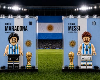 Messi Maradona Argentina World Cup 2026 #10 2-Pack Minifigure Display Case, Football Gift for Soccer Fans, Sports Room Decor Collectible