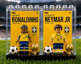 Ronaldinho & Neymar World cup Brazil MOC Minifigure Bundle Pack with Display Cases, Premium Backgrounds, Football Gift for Soccer Fans