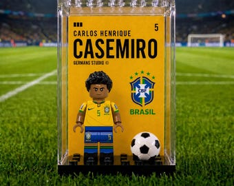 Casemiro Brazil #5 World Cup Minifigure MOC Display Case with Premium Background, Football Legend Collectible, Soccer Fan Gift, Sports Room