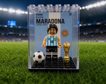 Maradona Argentina World cup #10 MOC Minifigure Display Case with Premium Background, Football Legend Collectible Gift for Soccer Fans