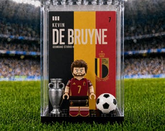 Kevin De Bruyne Belgium #7 World Cup MOC Minifigure Display Case with Premium Background Football Legend Collectible Soccer Fan Gift Sports