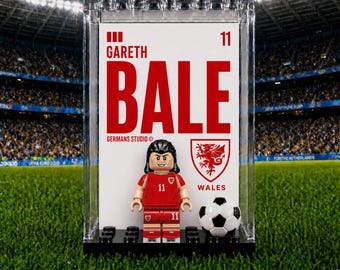 Gareth Bale Wales #11 World Cup Minifigure MOC Display Case with Premium Background Football Legend Collectible Soccer Fan Gift Sports Room