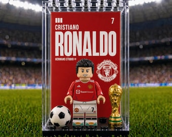 Cristiano Ronaldo World Cup  Manchester United #7  Minifigure Display Case with Premium Background Football Legend Collectible, Soccer Fan