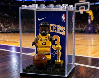 LeBron James Lakers MOC Minifigure Display Case with Premium Background, Basketball Collectible Gift for NBA Fans and Sports Room Decor