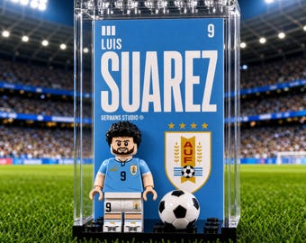 Luis Suárez Uruguay #9 World Cup Minifigure MOC Display Case with Premium Background Football Legend Collectible Soccer Fan Gift Sports room