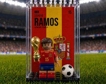 Sergio Ramos Spain #15 World Cup MOC Minifigure Display Case with Premium Background, Football Legend Collectible, Soccer Fan Gift, Sports